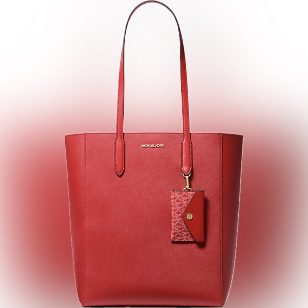 👜Michael Kors Large Saffiano Leather Tote w/ Attached Card Holder Charm Red NWT